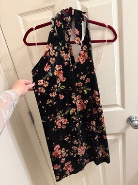 Lush Black Floral Mini Dress with Pink & Green Accents